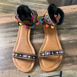 Lilana Embroidered Sandals with Multicolor Tassels